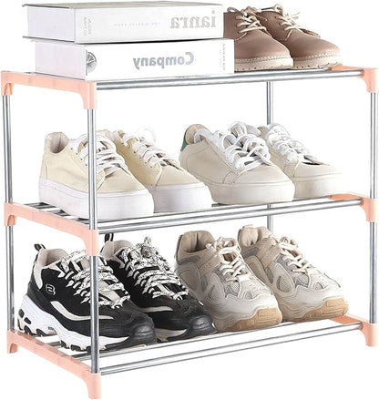 Small Shoe Rack, Narrow Stackable Shoe Shelf Organizer for Entryway, Doorway and Bedroom Closet (3-Tier, Pink)
