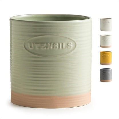 YHOSSEUN Kitchen Utensil Holder, Ceramic Utensil Holder for Kitchen Counter 6.7" Large Cooking Utensil Crock Farmhouse Utensil Organizer Storage, Oval Opening, Green
