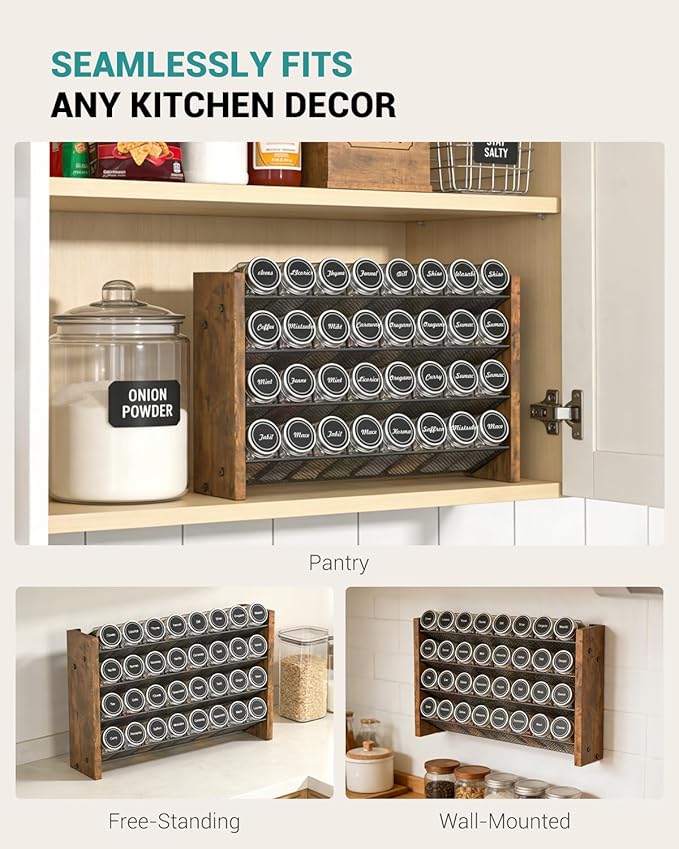 NESAPTO Spice Rack Organizer with 32 Glass Spice Jars, Wood 4-Tier Seasoning Organizer with Labels for Cabinet, Pantry, Countertop or Wall Mount, Chalk Marker and Funnel Set, 15.7" W × 9.4" H