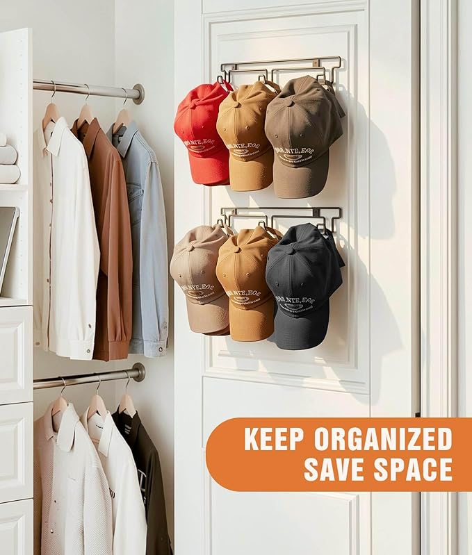 Hat Rack for Wall, [2-Pack] Metal Hat Organizer for Baseball Caps Holder 30 Hats Hook Hanger, Baseball Cap Storage, Strong Adhesive/Wall Drilled for Door, Room, Closet | Black