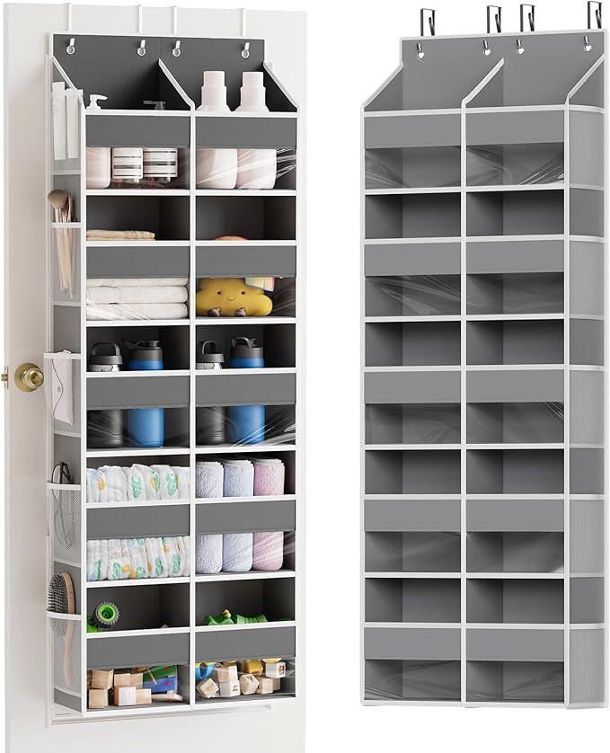 SpaceAid Extra Large Over The Door Organizer with 10 Large Pockets and 10 Mesh Side Pockets, 5 Layers Door Organizer Hanging with Clear Window for Bedroom, Bathroom, Pantry and Nursery, Gray