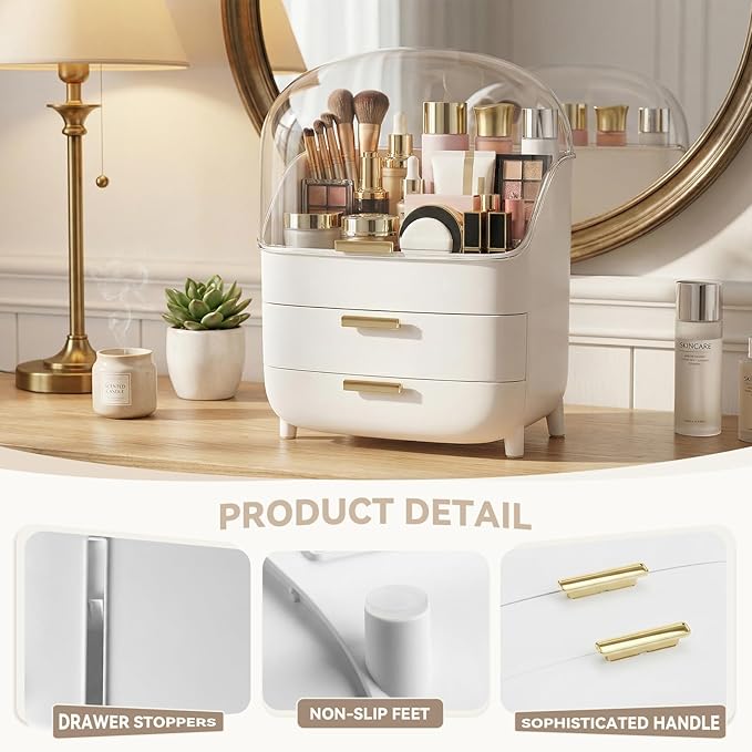 novelinks 3-Tier Skincare Makeup Organizer with Drawers and Dustproof Lid, Large Capacity Vanity Cosmetic Storage Box for Perfume, Lotion, Makeup Brushes & Beauty Accessories