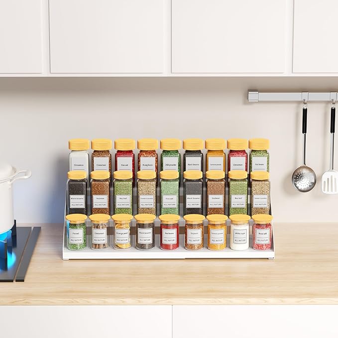 RCHYFEED Spice Rack Organizer for Cabinet, Expandable 3 Tiered Spice Rack, Metal Spices Organizer, Height Adjustable Fits More Space, Display Shelf Organizers for Cabinet Countertop Pantry Cupboard