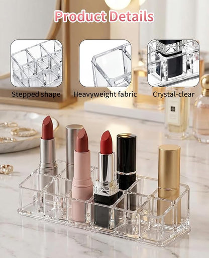 2 Pack 12 Slot Clear Acrylic Lipstick Organizer, Lip Stick Gloss Holder for Drawer