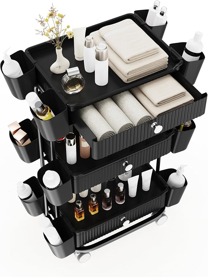 3 Tier Drawer Beauty Cart with 12 Movable Storage Organizer, Thickened ABS & 360° Wheels for Salon Station for Hair Stylist, Beauty Salon, Spa Massage Parlor, Makeup Organizer and More - Black