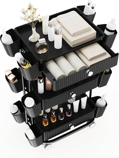3 Tier Drawer Beauty Cart with 12 Movable Storage Organizer, Thickened ABS & 360° Wheels for Salon Station for Hair Stylist, Beauty Salon, Spa Massage Parlor, Makeup Organizer and More - Black