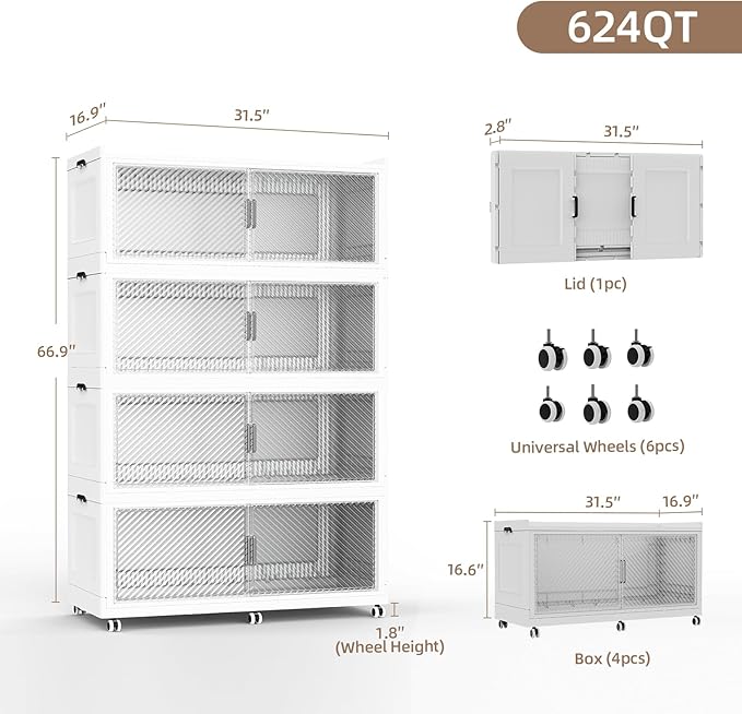SAILUN 200Gal Extra Large Stackable Storage Bins with a Lid, Collapsible Storage Bins With Doors and Wheels, Foldable Storage Cabinet for Garage Closet Organization, White, 4Pack