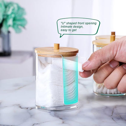 3 Pcs Qtip Holder and Cotton Round Pad Dispenser with Bamboo Lid, Small Clear Acrylic Containers for Cotton Swab/ball, Apothecary Jars Set for Bathroom/Restroom/Vanity/Makeup Storage Organizer