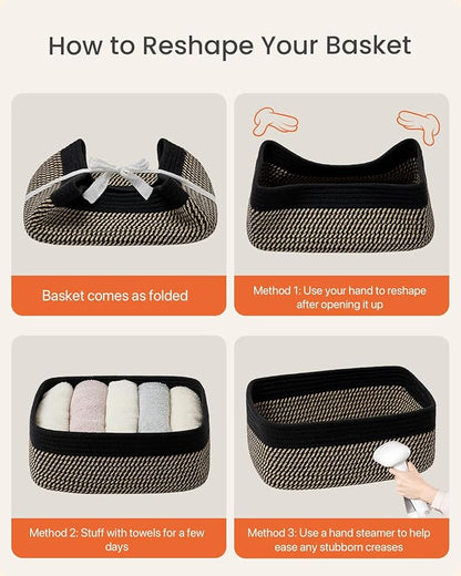 Small Woven Basket, 13.5 x 9.5 x 5 Inches, Storage Basket for Organizing, Cute Small Rope Shelf Closet Cube Storage Bins Baskets for Shelves, Dog Toy Gift Baskets Empty, 3 Pack Black & Brown