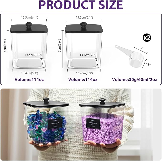 COAZEX 2 Pack Clear Laundry Pods Container, Plastic Square Laundry Room Organization and Storage Jars with Black Lids, Scoops & Labels for Detergent, Powder, Dryer Balls