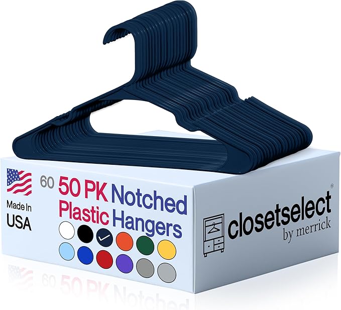 Closetselect Plastic Hangers 50 Pack - Space Saving Clothes Hangers, Made in USA, Durable & Strong Plastic Shirt & Coat Hanger with Notches & Shoulder Grooves, Non-Slip Hangers | Blue Sapphire
