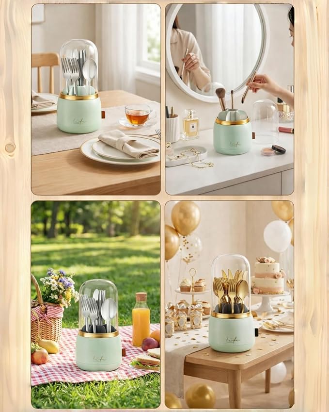 Silverware Organizer with Lid, 360° Rotation Utensil Holder for Kitchen Counter, Silverware Caddy for Party, 7 Slots Fits Standard Utensils & Steak Knives, Not for Extra-Long Knives (Light Green)