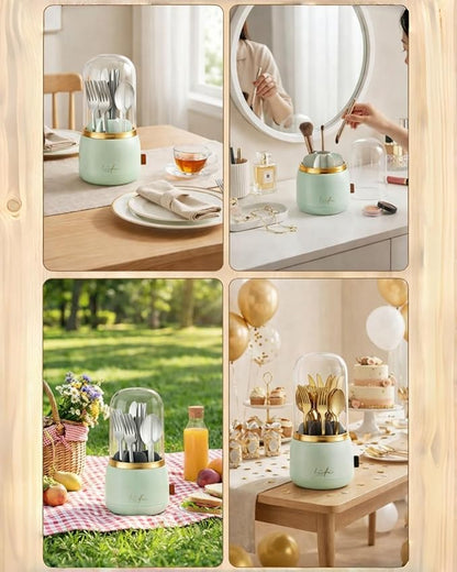 Silverware Organizer with Lid, 360° Rotation Utensil Holder for Kitchen Counter, Silverware Caddy for Party, 7 Slots Fits Standard Utensils & Steak Knives, Not for Extra-Long Knives (Light Green)