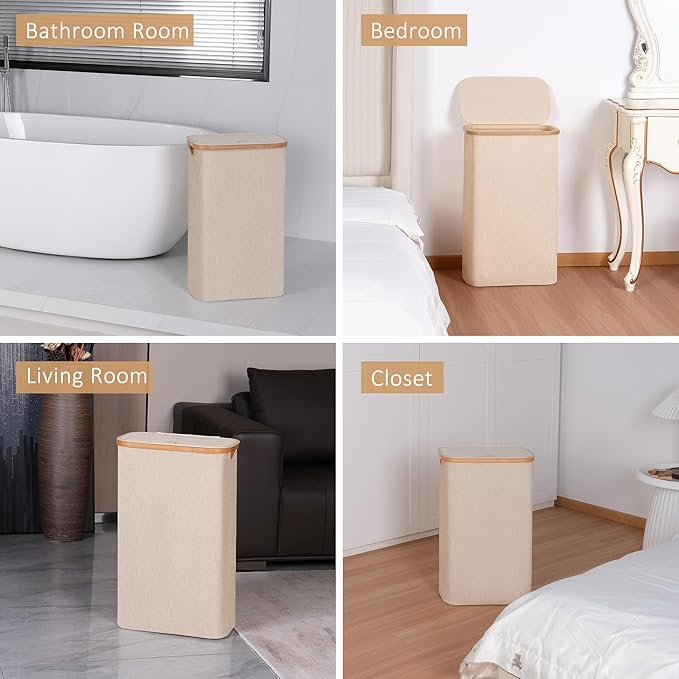 iEGrow 65L Slim Laundry Hamper, Narrow Laundry Basket with Lid,Foldable Clothes Hamper with Bamboo Handles,Hamper Basket with Removable Inner Bag for Laundry Room Bedroom College Dorm,Oatmeal