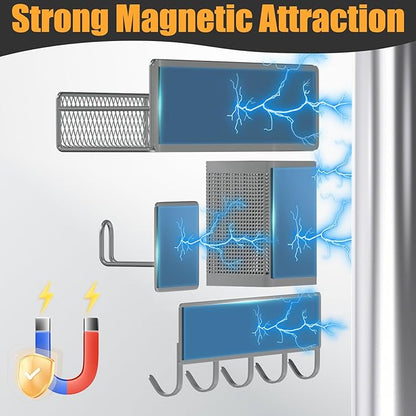 Magnetic Spice Rack for Refrigerator, 10 Pack 100% Metal Strong Magnet Shelf, Moveable Spice Organizer W/ Adjustable Paper Towel Holder, Hook Rack & Utensil Caddy, Home Kitchen Laundry Storage, Grey