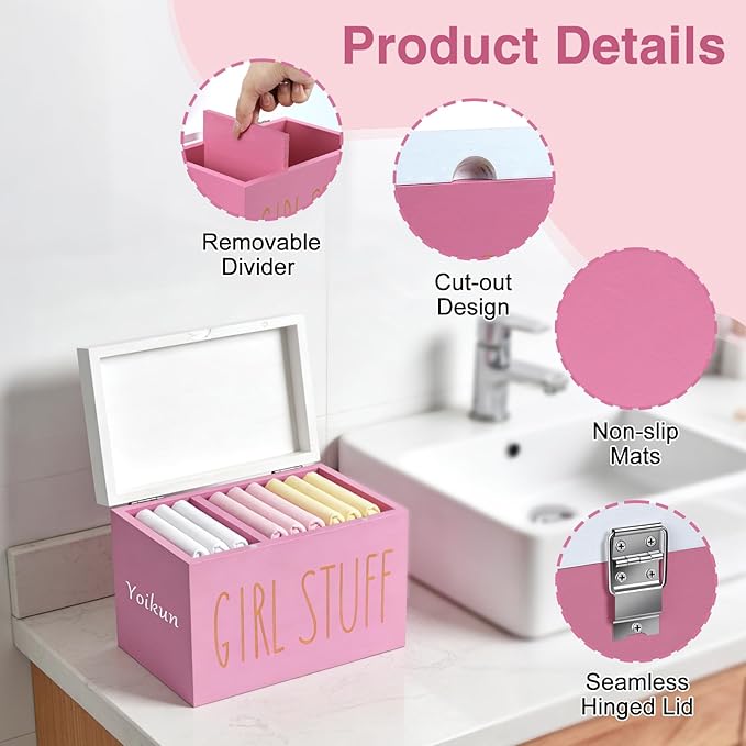 Tampon Holder for Bathroom with Hinged Lid, Modern Farmhouse Feminine Product Organizer, Decorative Storage Box for Pads & Period Essentials, Toilet Tank or Countertop (Pink)