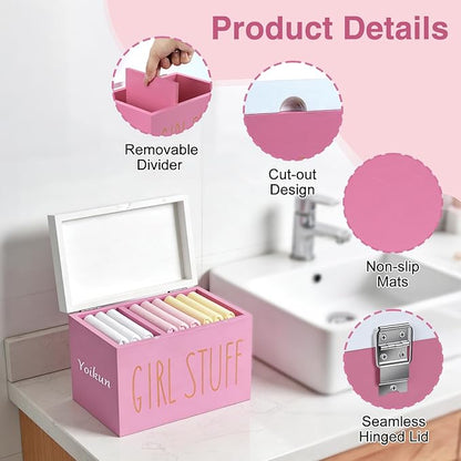 Tampon Holder for Bathroom with Hinged Lid, Modern Farmhouse Feminine Product Organizer, Decorative Storage Box for Pads & Period Essentials, Toilet Tank or Countertop (Pink)