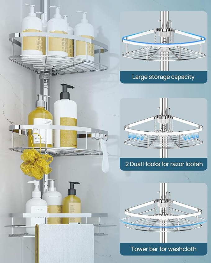 SEIRIONE Rustproof Shower Corner Caddy Organizer for Bathroom, 4 Adjustable Shelves with Tension Pole, for Bathtub Shampoo Accessories Storage Holder, 34 to 116 Inch Height, Silver