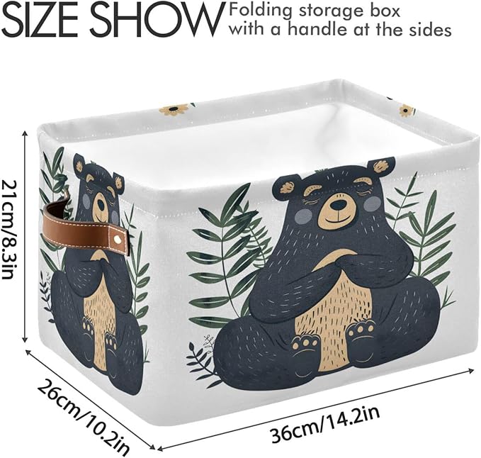 Large Storage Basket Black Bear Storage Bin Cube Canvas Fabric Organizer Handles Collapsible for Clothes Toys Bedroom Decorative