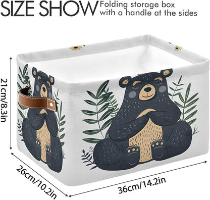 Large Storage Basket Black Bear Storage Bin Cube Canvas Fabric Organizer Handles Collapsible for Clothes Toys Bedroom Decorative