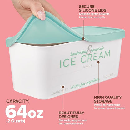 Stock Your Home 64 oz Ice Cream Containers with Airtight Silicone Lids (2-Pack) Homemade Ice Cream Container for Storing Gelato, Sorbet & Frozen Yogurt, Reusable 2 Quart Ice Cream Container with Lids