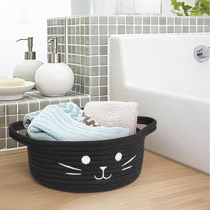 Small Cat Toy Basket, 10”x10”x4” Black Cotton Rope Storage Bin with Handles, Woven Cat Organizer Box for Indoor Pets, Cute Kitty Easter Basket Gifts Empty, Cat-Shaped Boo Halloween Bin