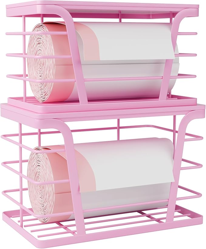 TIDIIABODE 2 Pack Pink Trash Bag Holder - Stackable Garbage Bag Dispenser with Bamboo Top, Kitchen Accessories & Decor, Wall Mount Storage for Kitchen, Home, Bathroom Decor & Gifts