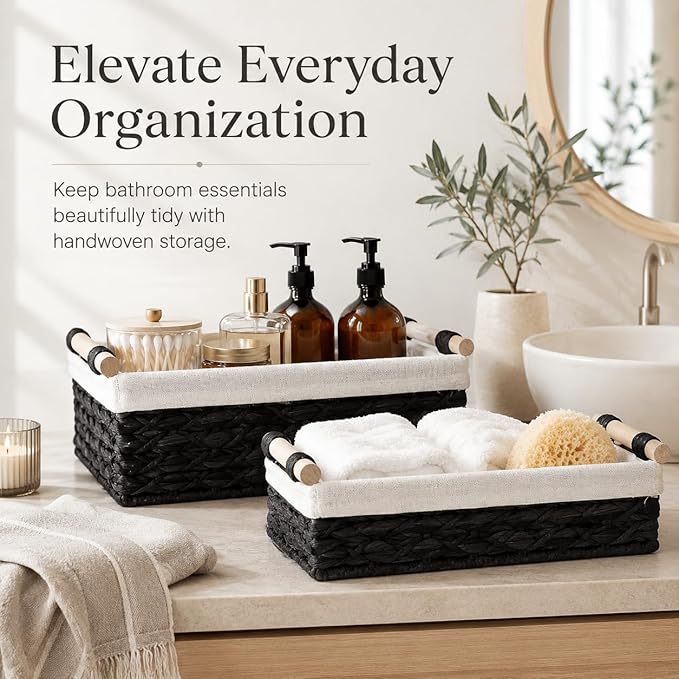Black Wicker Bathroom Baskets Set of 2 with Linen Liner & Wooden Handles – Black Paper Rope Storage Baskets for Shelves, Bathroom Counter & Modern Décor