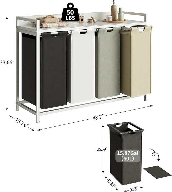 Herture Laundry Hamper with Shelf, Laundry Basket 4 Section, Laundry Sorter with Pull-Out Removable Large 4 Color Bags and Movable Wheels, Metal Frame, 4 x 15.87 Gallons (60L), White PF07XLE
