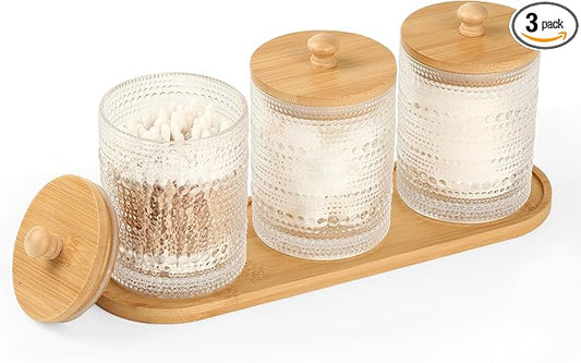 eggs sound 3 Pack Qtip Holder - Bathroom Organizers and Storage, Cotton Round Pad Holder Floss Pick Cotton Ball Holder with Tray, Glass Apothecary Jars with Lids, -clear y D