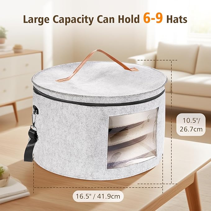 HEAVYWOOD Hat Box for Women Storage Travel Felt Hat Case for Wide-Brim Cowboy Hat Storage Foldable Organizer for Closet Large Round Hat Carrier with Portable Handle Shoulder Strap (Light Gray)