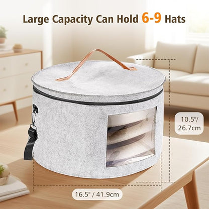 HEAVYWOOD Hat Box for Women Storage Travel Felt Hat Case for Wide-Brim Cowboy Hat Storage Foldable Organizer for Closet Large Round Hat Carrier with Portable Handle Shoulder Strap (Light Gray)