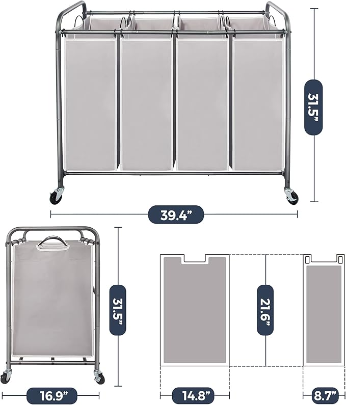 STO STO Laundry Sorter 4 Section, 4 Bag Clothes Hamper, Rolling Laundry Cart Basket with Heavy Duty Lockable Wheels and Removable Bag for Laundry Room, Bedroom, Closet, Gray