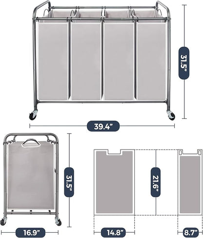 STO STO Laundry Sorter 4 Section, 4 Bag Clothes Hamper, Rolling Laundry Cart Basket with Heavy Duty Lockable Wheels and Removable Bag for Laundry Room, Bedroom, Closet, Gray