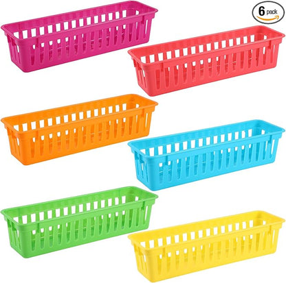 6 Pcs Colorful Slim Plastic Storage Baskets Tray 10 x 3 x 2.5 Inch Compact Stackable Desk Organizer for Office, Classroom, School Supplies, and Home Storage, Organization(Colorful)
