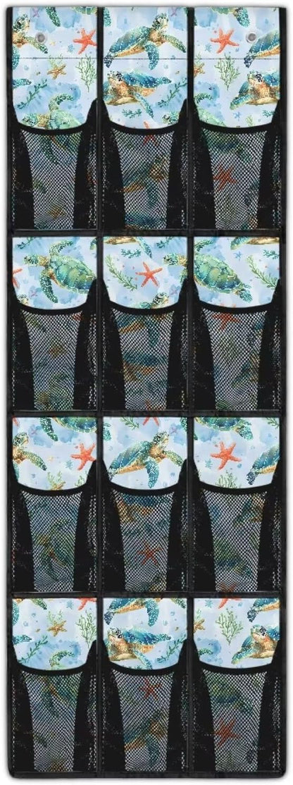 Turtle Starfish Behind Door Shoes Hang Holder Rack,Shoe Organizer Door Hanger with 12 Mesh Large Pockets,Space Saver,Unique Print