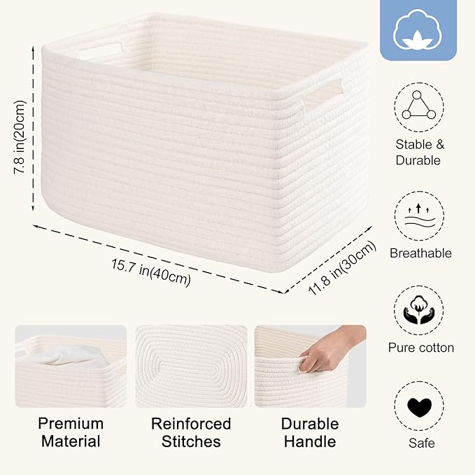4 Pack Storage Baskets for Organizing, Woven Baskets for Shelves - Perfect for Toys, Books, Towels, and Clothes, Durable Gift Basket Bins Toy Storage, 15.7''Lx11.8''Wx7.8''H, White