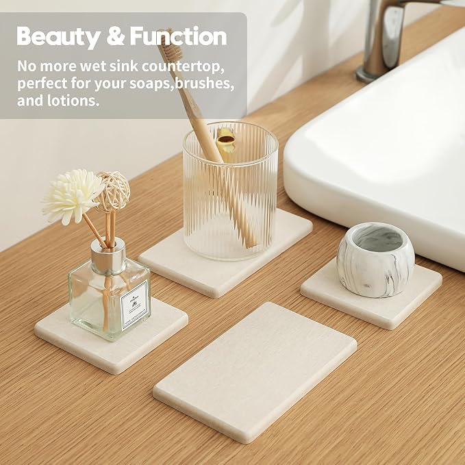 Razborci 4PCS Bathroom Sink Vanity Trays, Diatomaceous Earth Quick Stone Drying Mat Kitchen Counter Dish Soap Dispenser Sponge Holder, Water Absorbing Caddy Organizer for Bottle & Cup, Beige