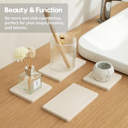 Razborci 4PCS Bathroom Sink Vanity Trays, Diatomaceous Earth Quick Stone Drying Mat Kitchen Counter Dish Soap Dispenser Sponge Holder, Water Absorbing Caddy Organizer for Bottle & Cup, Beige