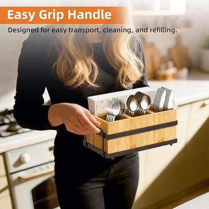 Silverware Caddy for Party, Wood Utensil Caddy with 4 Removable Compartments for Kitchen Countertop Organizing Paper Plate, Fork, Spoon, Napkin