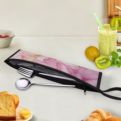 Portable Travel Tableware Box Pink Marble Flatware Storage Box Case Travel Utensils Cutlery Case with Bag for Fork Spoon Chopsticks