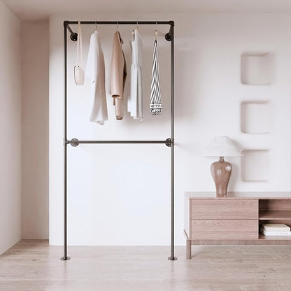 Black Industrial Pipe Clothing Rack 37.4" W Wall Mounted, Heavy Duty Iron Garment Rack 150 lbs per Rod, Open Closet Organizer for Bedroom Laundry Room Retail Display