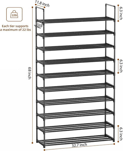 10 Tier Shoe Rack, Tall Shoe Rack for Entryway, Shoe Organizer for Closet, Shoe Storage for Front Door Entrance & Entryway, Large Long Shoe Stand Holder Adjustable Shelf Height