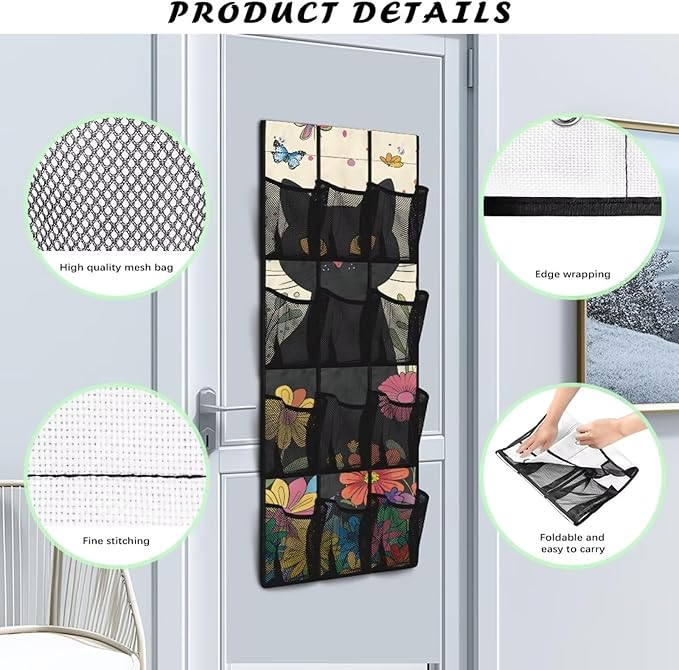 Cute Cat Door Hanging Shoe Organizer Mesh Fabric Over The Door Shoe Organizer for Closet 12 Pockets Butterfly Wall Hanging Storage Space Saving Shoe Holder Hanger for Kids Room