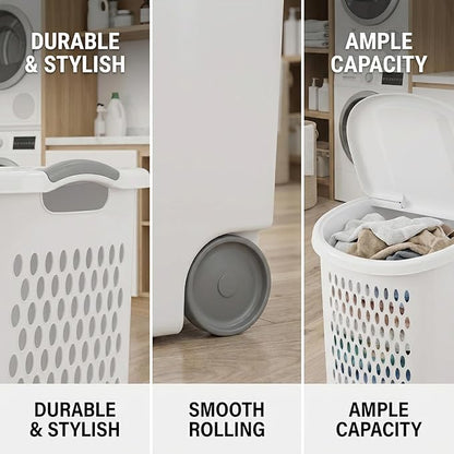 White Wheeled Plastic Laundry Hamper – Adult-Sized Rolling Basket With Handles For Home & Dorms