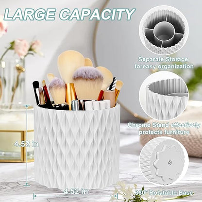WAFJAMF Makeup Brush Holder 360 Rotating Cosmetics Holders Storage Cup for Vanity Desktop Bathroom Countertop 5 Slot Makeup Brushes Container - Classic Style - Pearl White