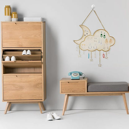 Earring Holder Organizer, Gold Wall Mounted Jewelry Display Stand with 6 Hooks, Metal Hanging Jewelry Rack for Necklace Bracelet Small Grid (Moon Cloud Shape)