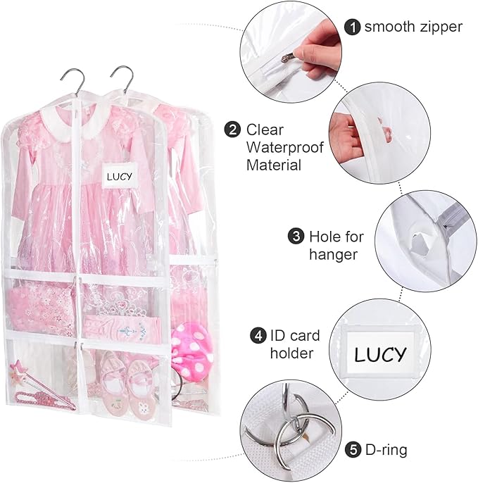 Stepstall PVC Clear Garment Bag, 40" Dance Costume Garment Bag for Dance Competitions with 5 Clear Zipper Pockets, Breathable Garment Bags for Hanging Clothes to Kids, Storage,Set of 3