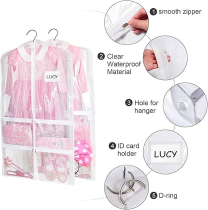 Stepstall PVC Clear Garment Bag, 40" Dance Costume Garment Bag for Dance Competitions with 5 Clear Zipper Pockets, Breathable Garment Bags for Hanging Clothes to Kids, Storage,Set of 3