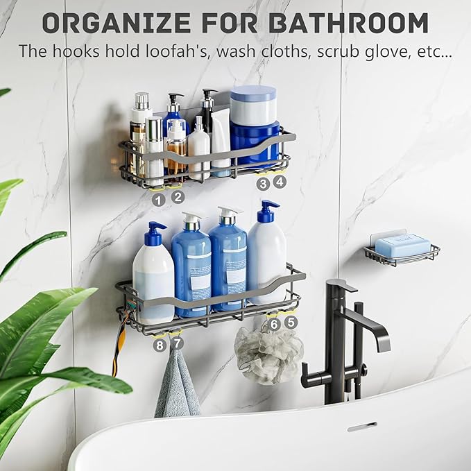 OMAIRA 3-Pack Shower Caddy with Soap Holder, Adhesive Rustproof No-drill Strudy Loading Inside Shower Organizer Shelves Rack Storage Bathroom Organization for Smooth Wall Glass Tile, Grey (X-Large)